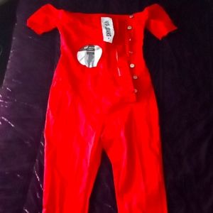 Size XL red 🍒 jean jumpsuit, long pants, off the shoulder.